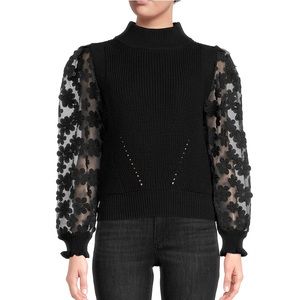 FRENCH CONNECTION Elegant Black Sweater with Sheer Floral Sleeves
